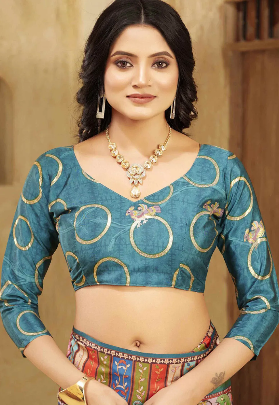 Digital Printed Crepe Silk Saree in Teal Green