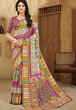 Digital Printed Crepe Silk Saree in Purple