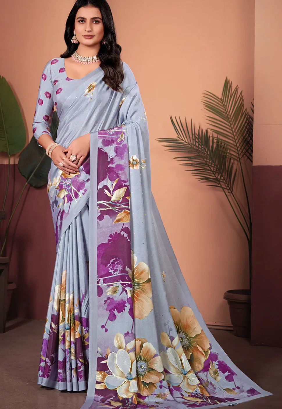Digital Printed Crepe Silk Saree in Grey