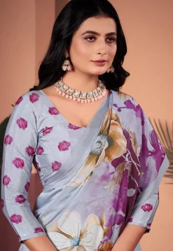 Digital Printed Crepe Silk Saree in Grey