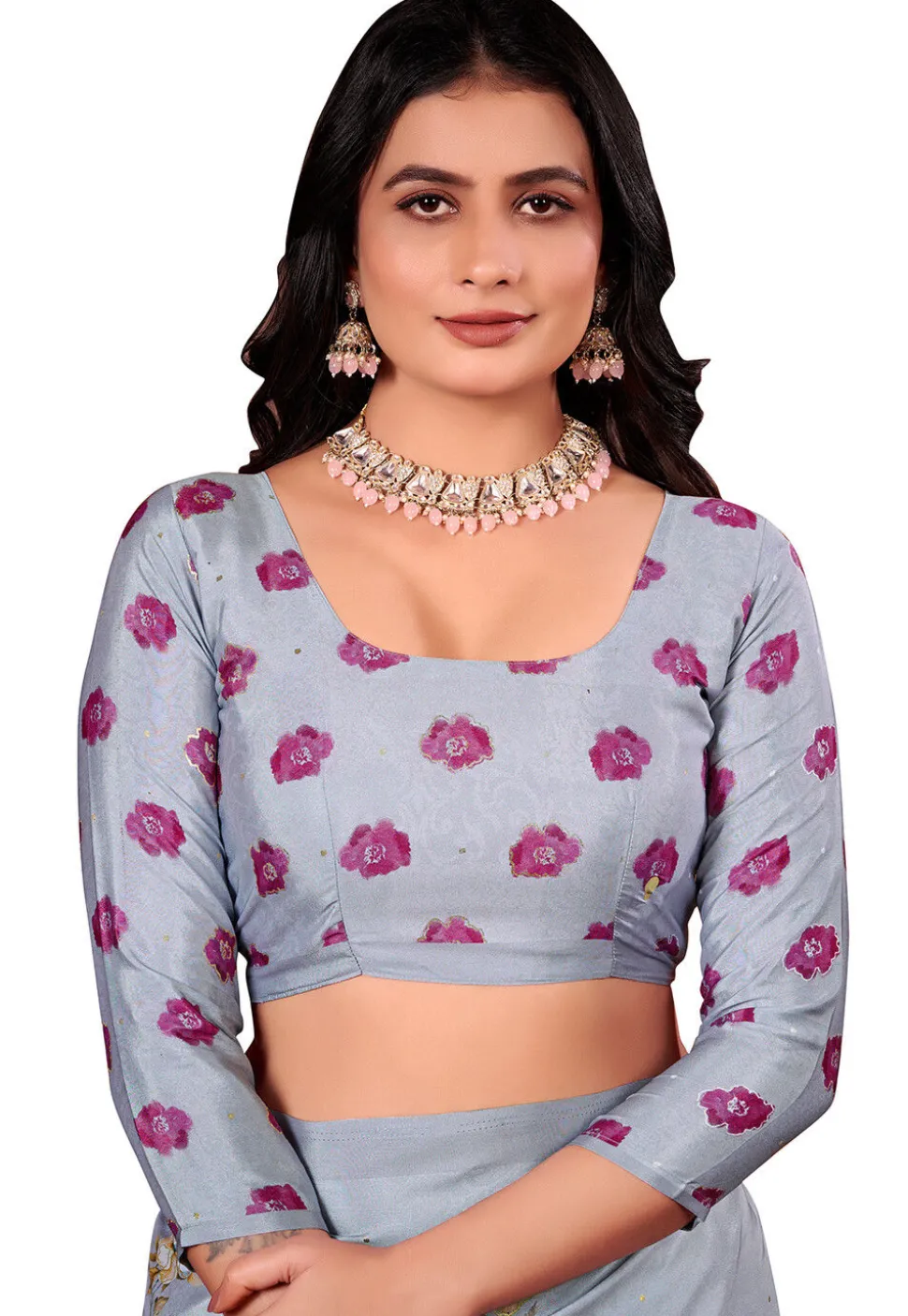 Digital Printed Crepe Silk Saree in Grey