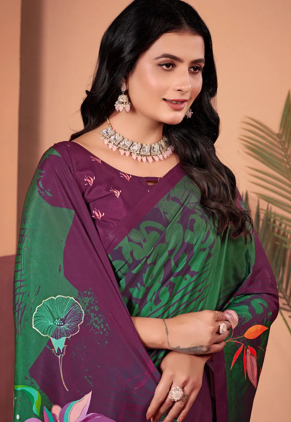 Digital Printed Crepe Silk Saree in Wine and Green