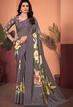 Digital Printed Crepe Silk Saree in Grey