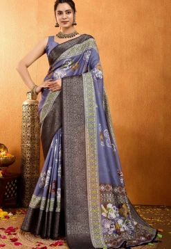 Digital Printed Crepe Silk Saree in Indigo Blue