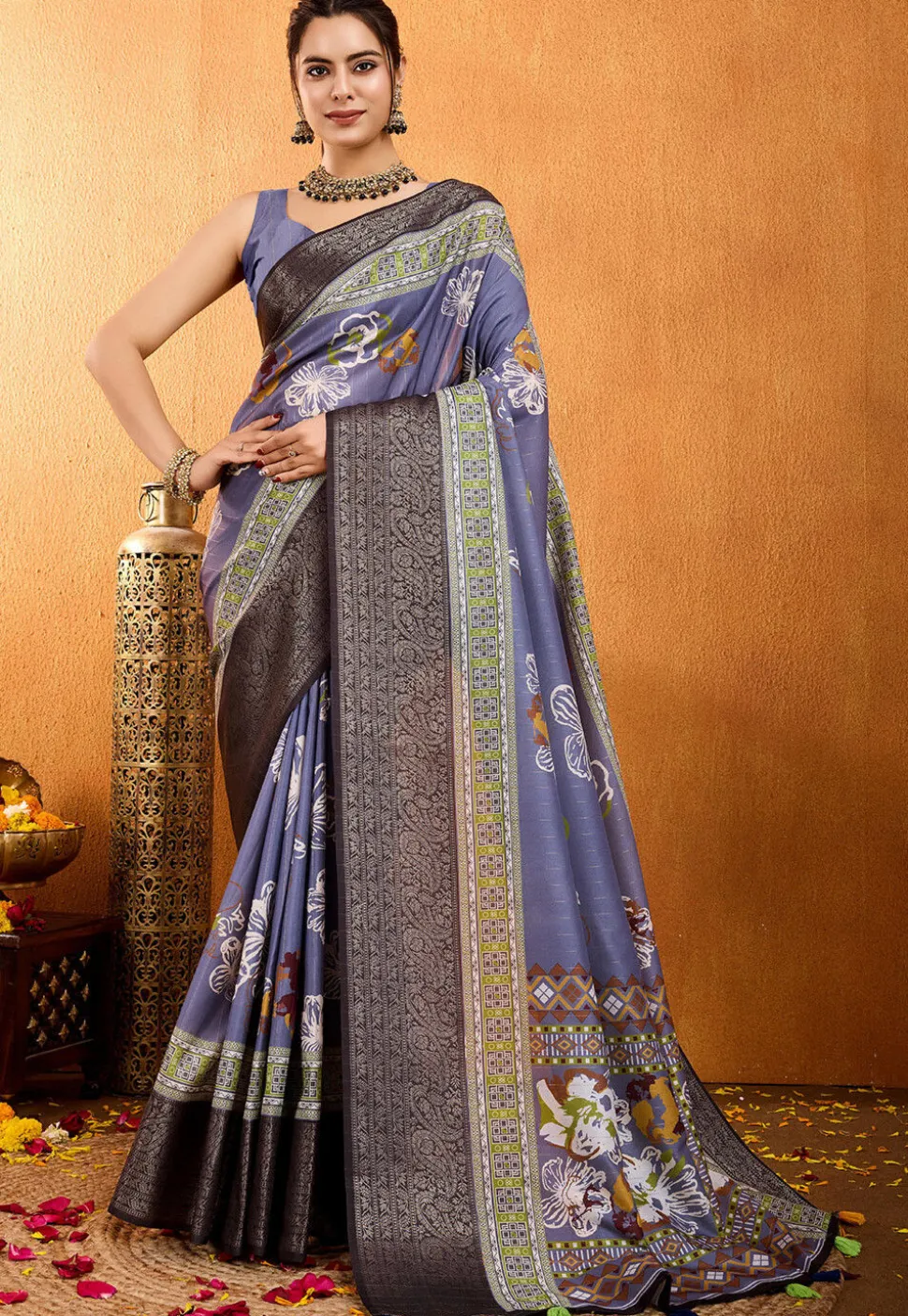 Digital Printed Crepe Silk Saree in Indigo Blue