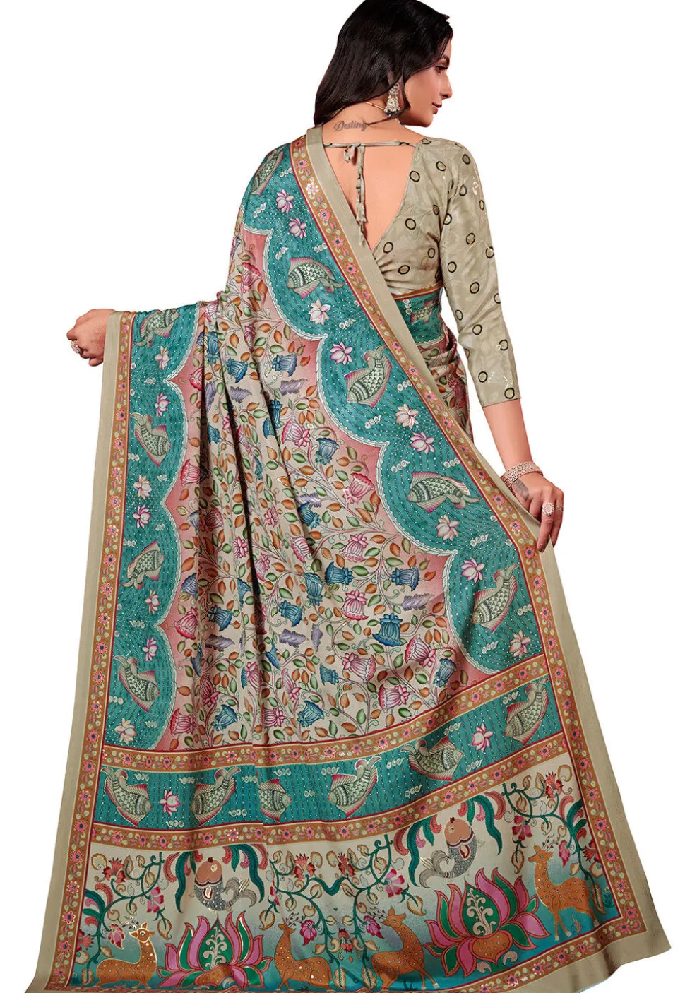 Digital Printed Crepe Silk Saree in Beige
