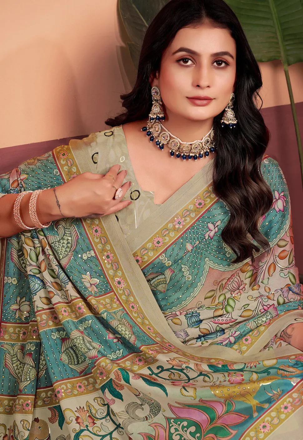 Digital Printed Crepe Silk Saree in Beige
