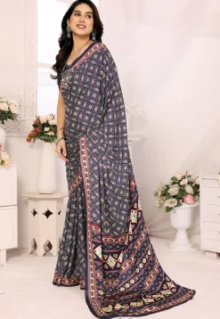 Digital Printed Crepe Silk Saree in Dark Blue