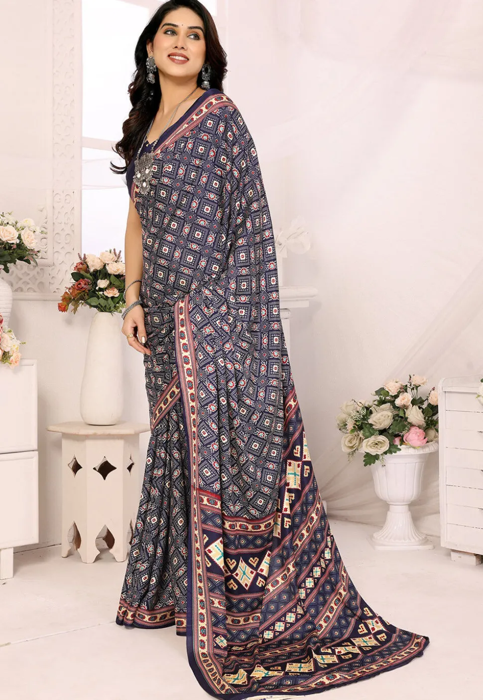 Digital Printed Crepe Silk Saree in Dark Blue