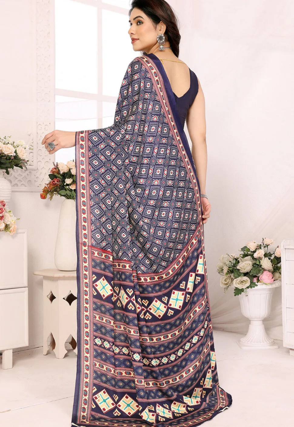 Digital Printed Crepe Silk Saree in Dark Blue