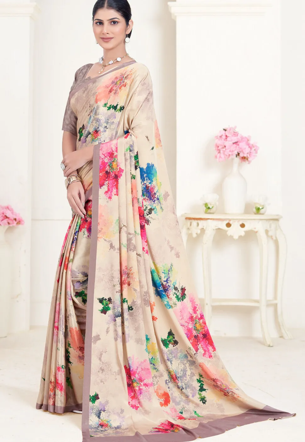 Digital Printed Crepe Silk Saree in Beige