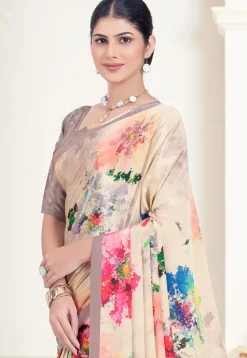Digital Printed Crepe Silk Saree in Beige