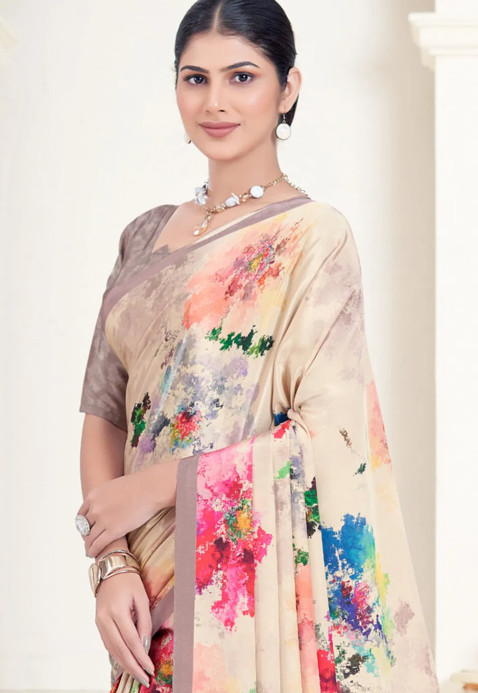 Digital Printed Crepe Silk Saree in Beige