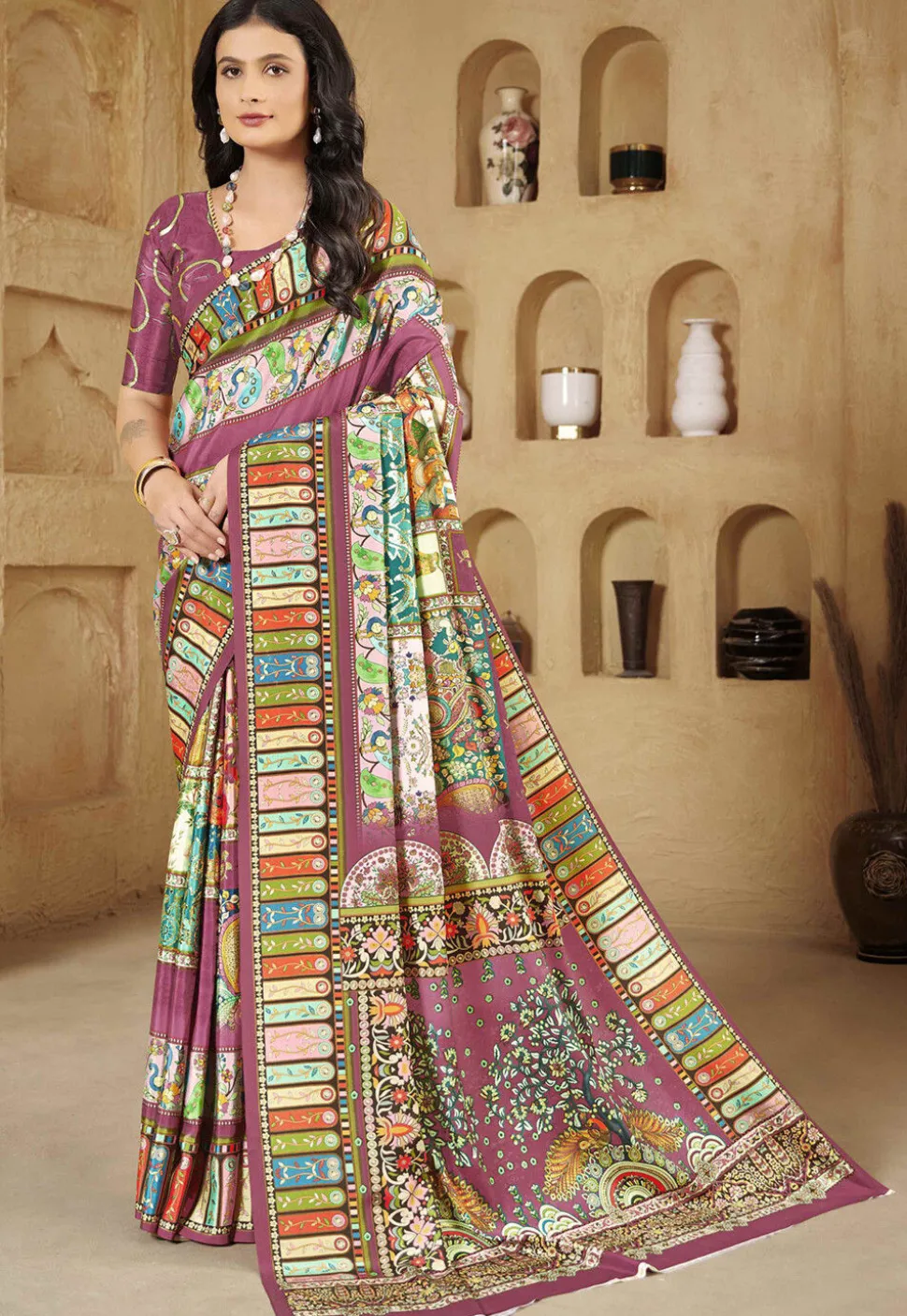 Digital Printed Crepe Silk Saree in Purple