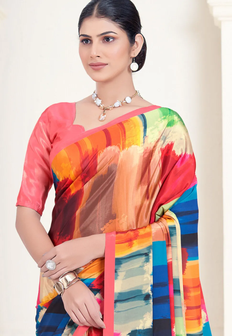 Digital Printed Crepe Silk Saree in Multicolor