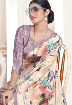 Digital Printed Crepe Silk Saree in Beige