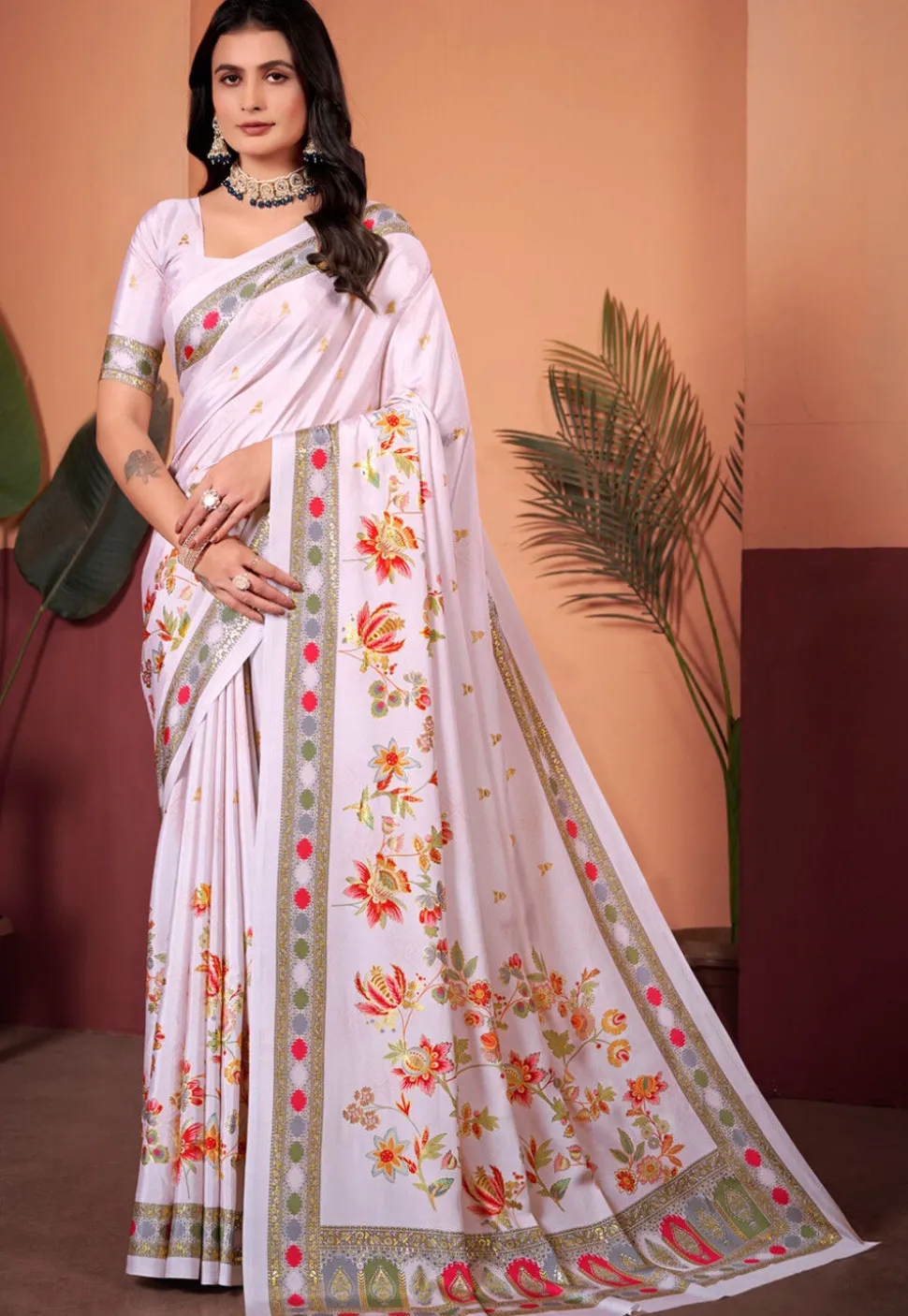 Digital Printed Crepe Silk Saree in Pink