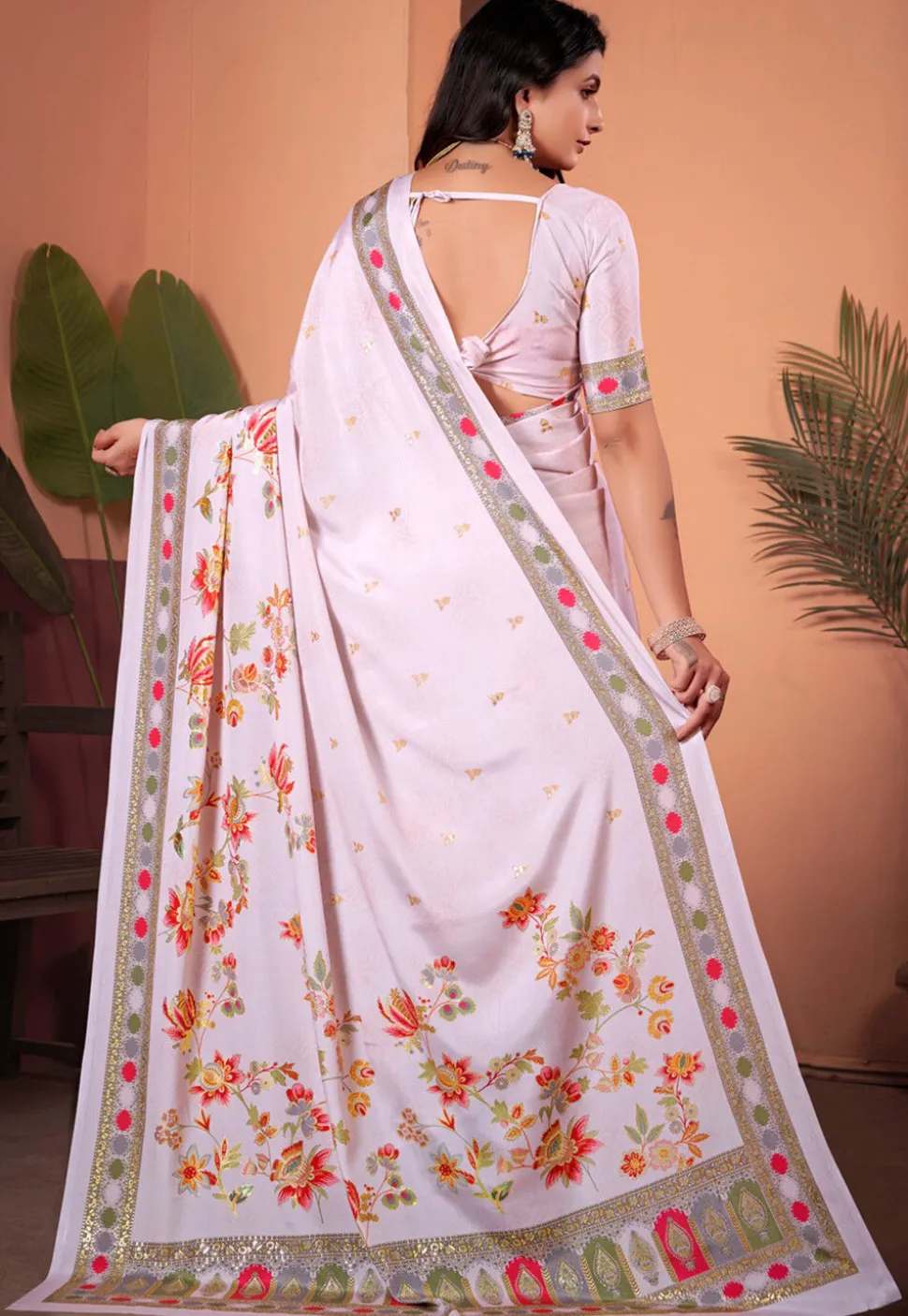Digital Printed Crepe Silk Saree in Pink