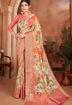 Digital Printed Crepe Silk Saree in Cream
