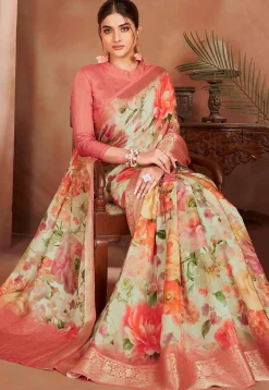 Digital Printed Crepe Silk Saree in Cream