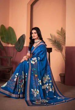 Digital Printed Crepe Silk Saree in Blue