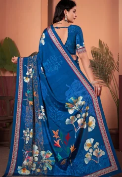 Digital Printed Crepe Silk Saree in Blue