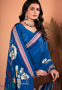 Digital Printed Crepe Silk Saree in Blue