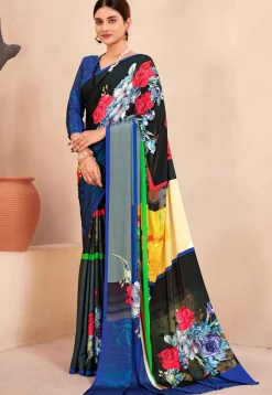Digital Printed Crepe Silk Saree in Black and Multicolor
