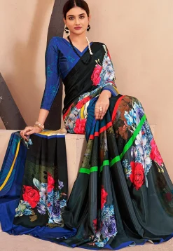Digital Printed Crepe Silk Saree in Black and Multicolor