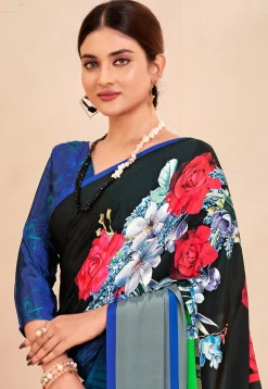 Digital Printed Crepe Silk Saree in Black and Multicolor