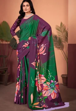 Digital Printed Crepe Silk Saree in Purple