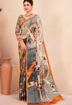 Digital Printed Crepe Silk Saree in Grey and Multicolor