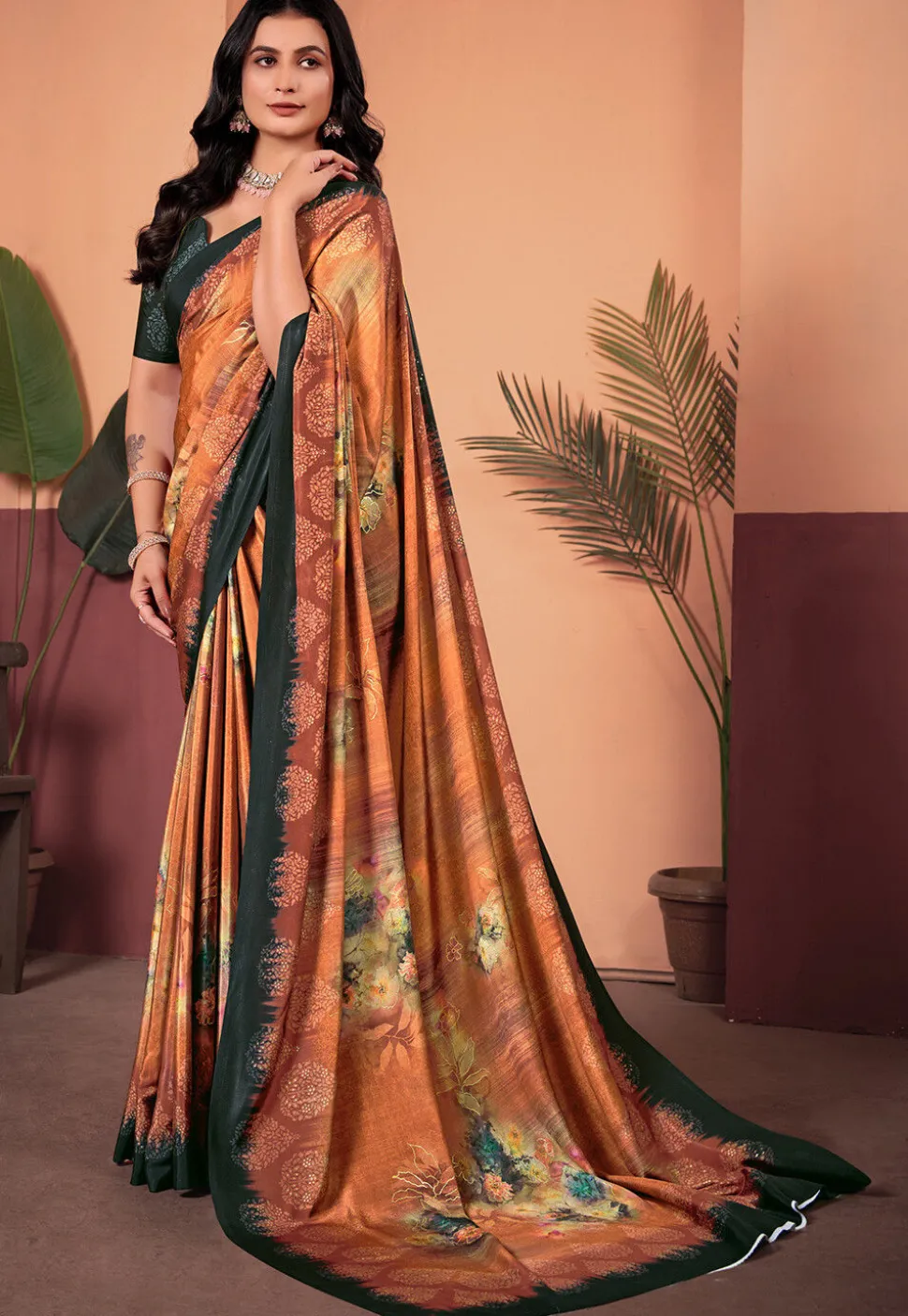 Digital Printed Crepe Silk Saree in Rust