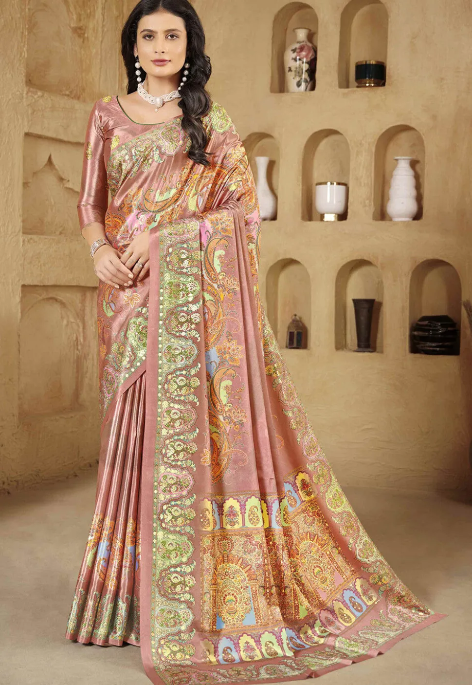 Digital Printed Crepe Silk Saree in Peach