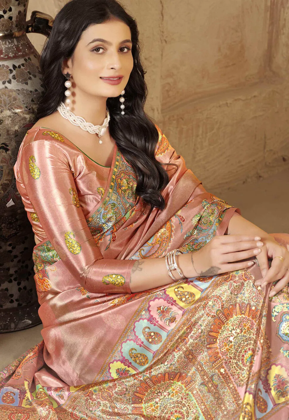 Digital Printed Crepe Silk Saree in Peach
