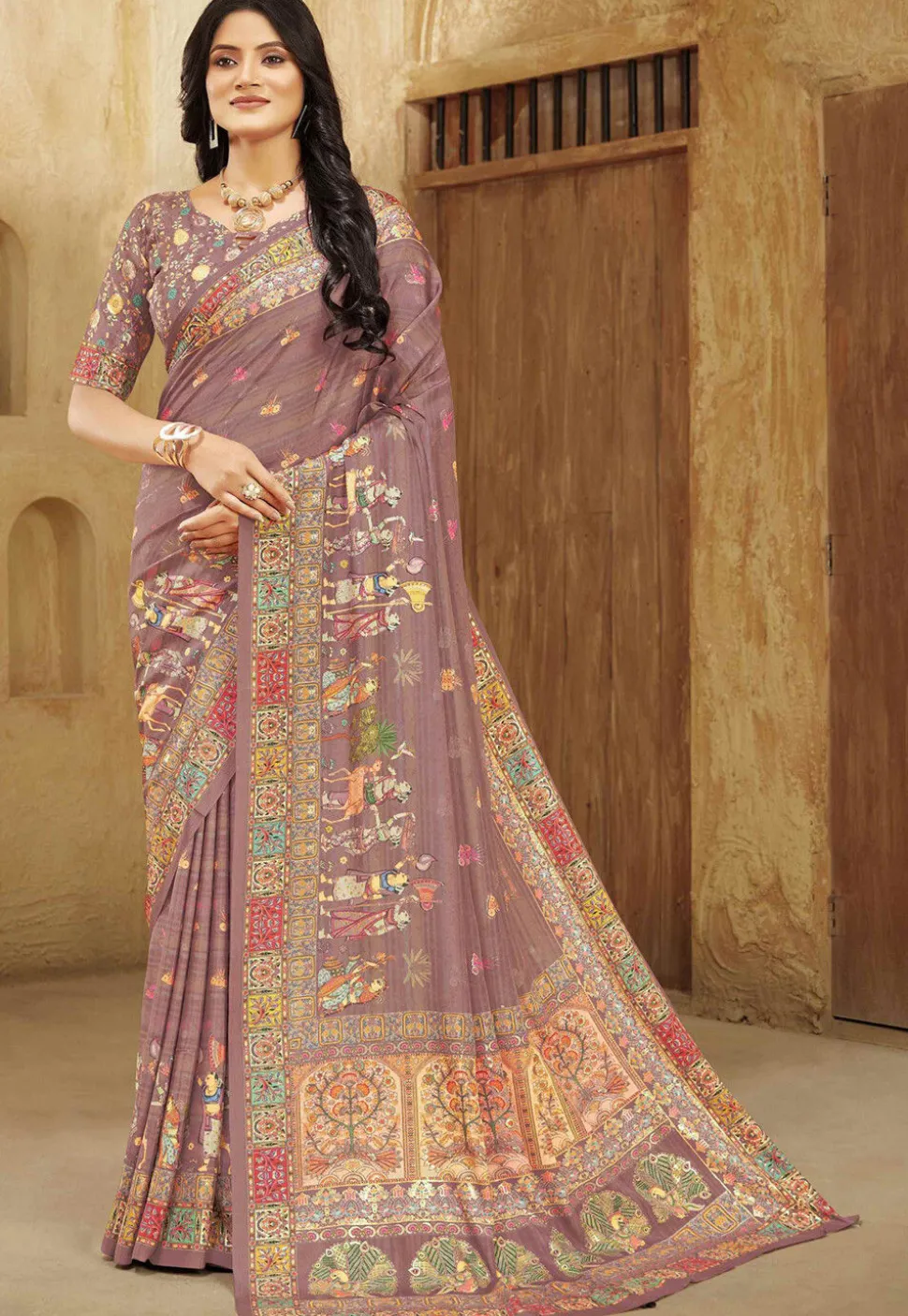 Digital Printed Crepe Silk Saree in Dusty Purple