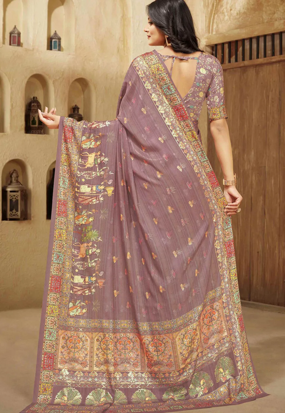 Digital Printed Crepe Silk Saree in Dusty Purple