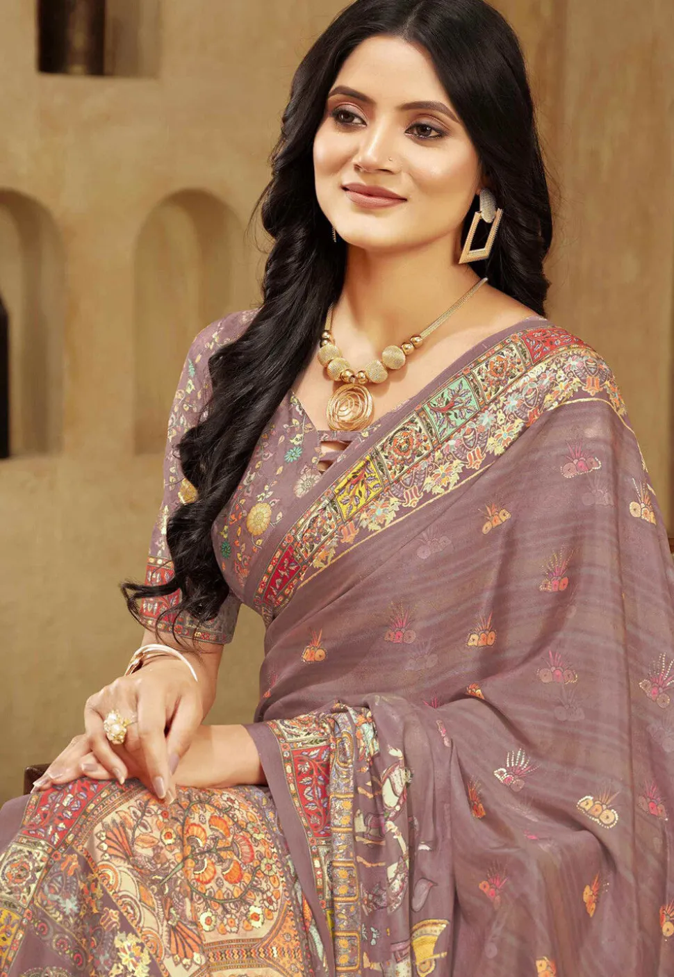 Digital Printed Crepe Silk Saree in Dusty Purple
