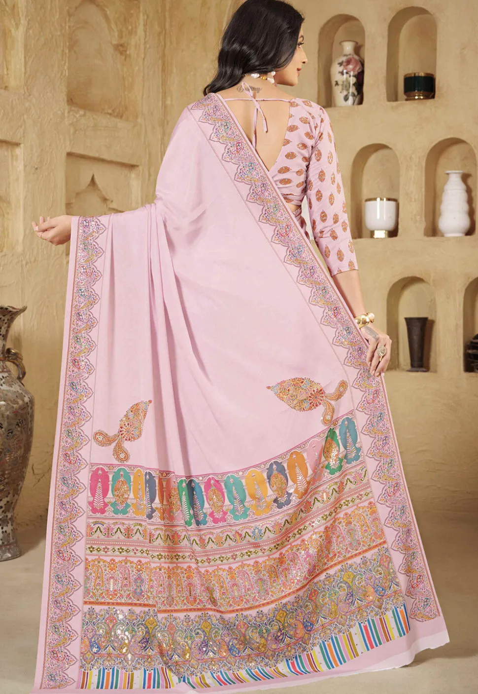Digital Printed Crepe Silk Saree in Baby Pink