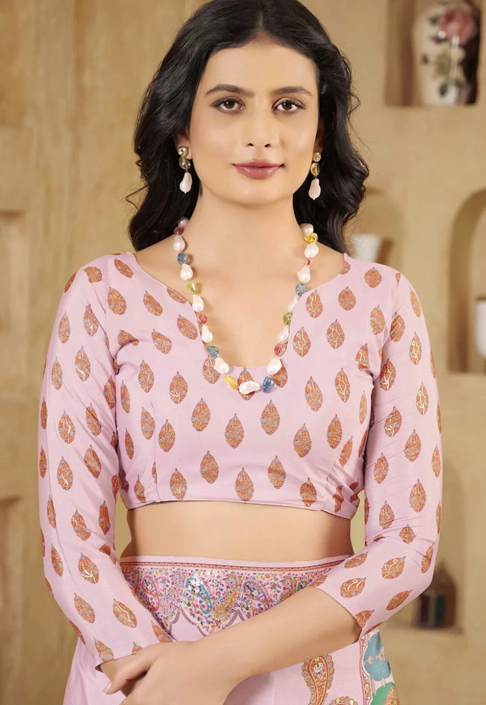 Digital Printed Crepe Silk Saree in Baby Pink