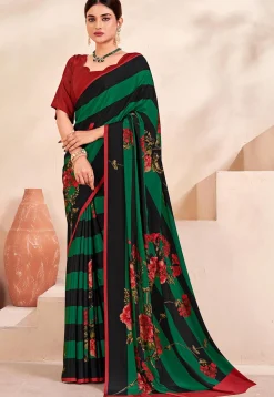 Digital Printed Crepe Silk Saree in Green and Black