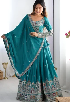 Digital Printed Crepe Silk Lehenga in Teal Blue