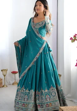 Digital Printed Crepe Silk Lehenga in Teal Blue