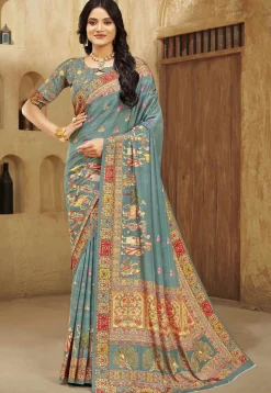 Digital Printed Crepe Silk Saree in Dusty Blue