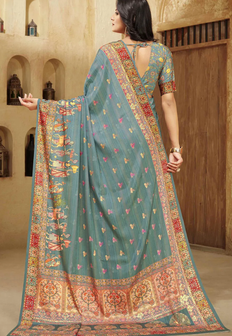 Digital Printed Crepe Silk Saree in Dusty Blue