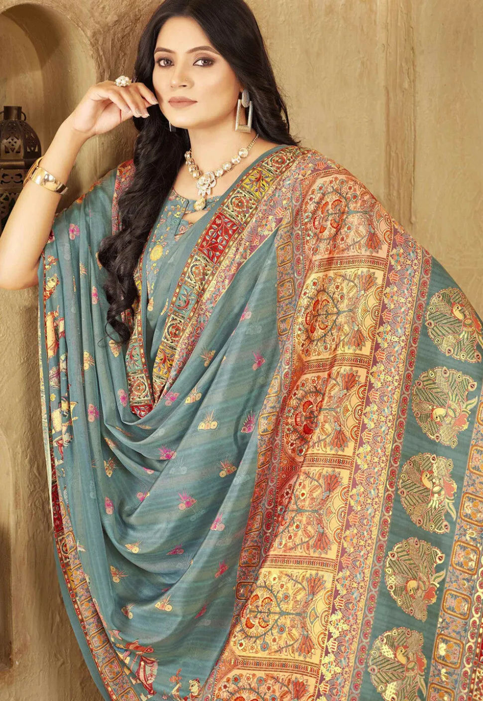 Digital Printed Crepe Silk Saree in Dusty Blue