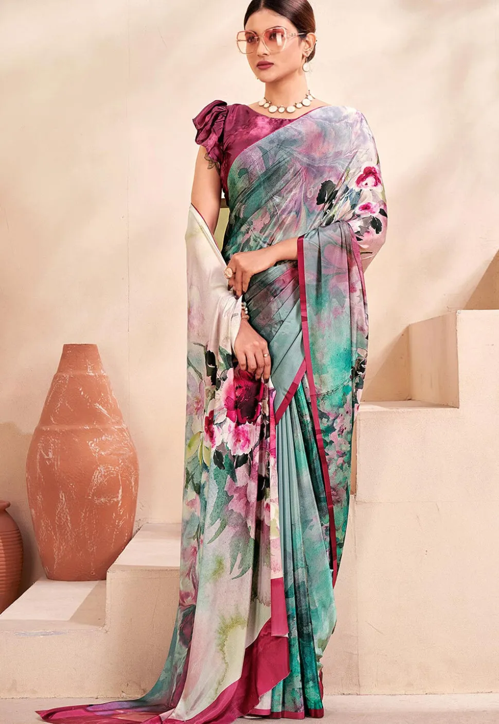 Digital Printed Crepe Silk Saree in Multicolor