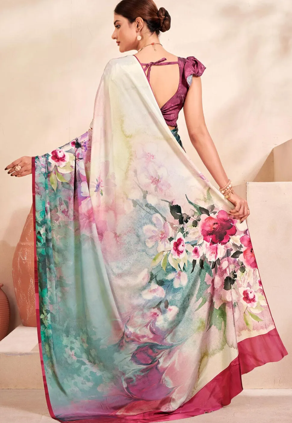 Digital Printed Crepe Silk Saree in Multicolor