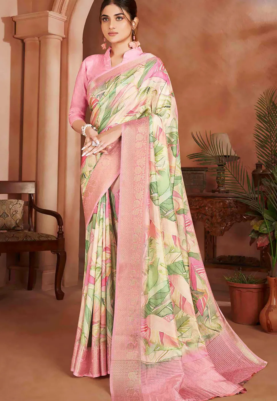 Digital Printed Crepe Silk Saree in Cream