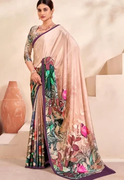 Digital Printed Crepe Silk Saree in Peach